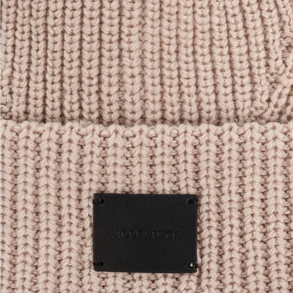 All Saints Traveling Ribbed Logo Beanie Hat Leather Cortina Beige - Picture 5 of 5